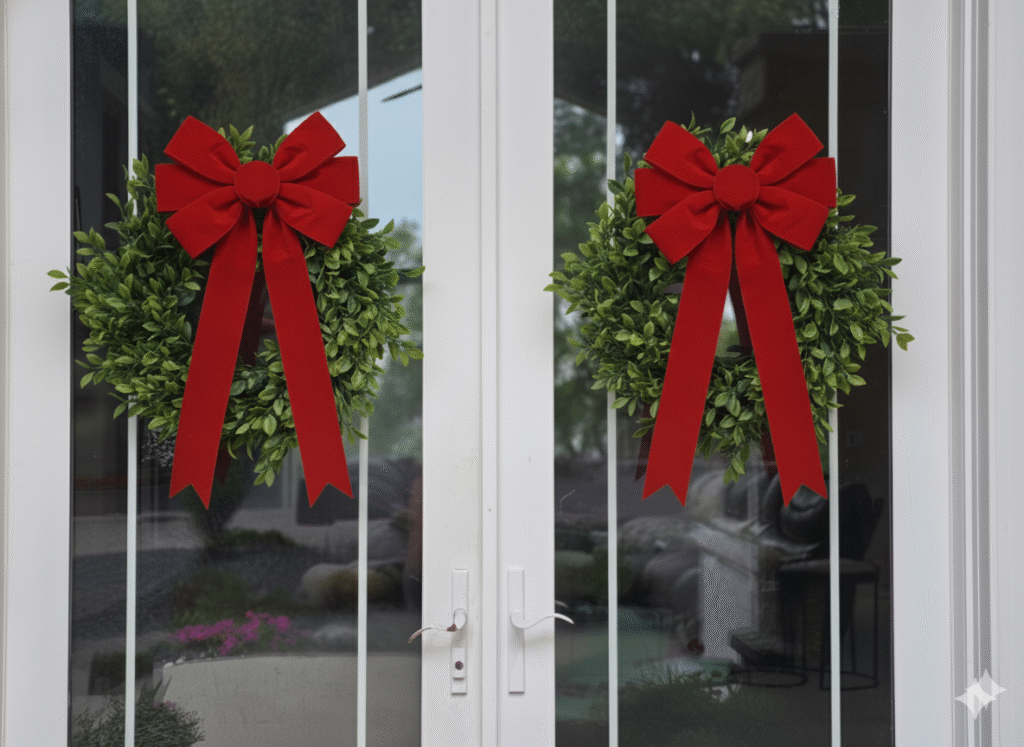 two front doors with a wreath that has a red velvet bow